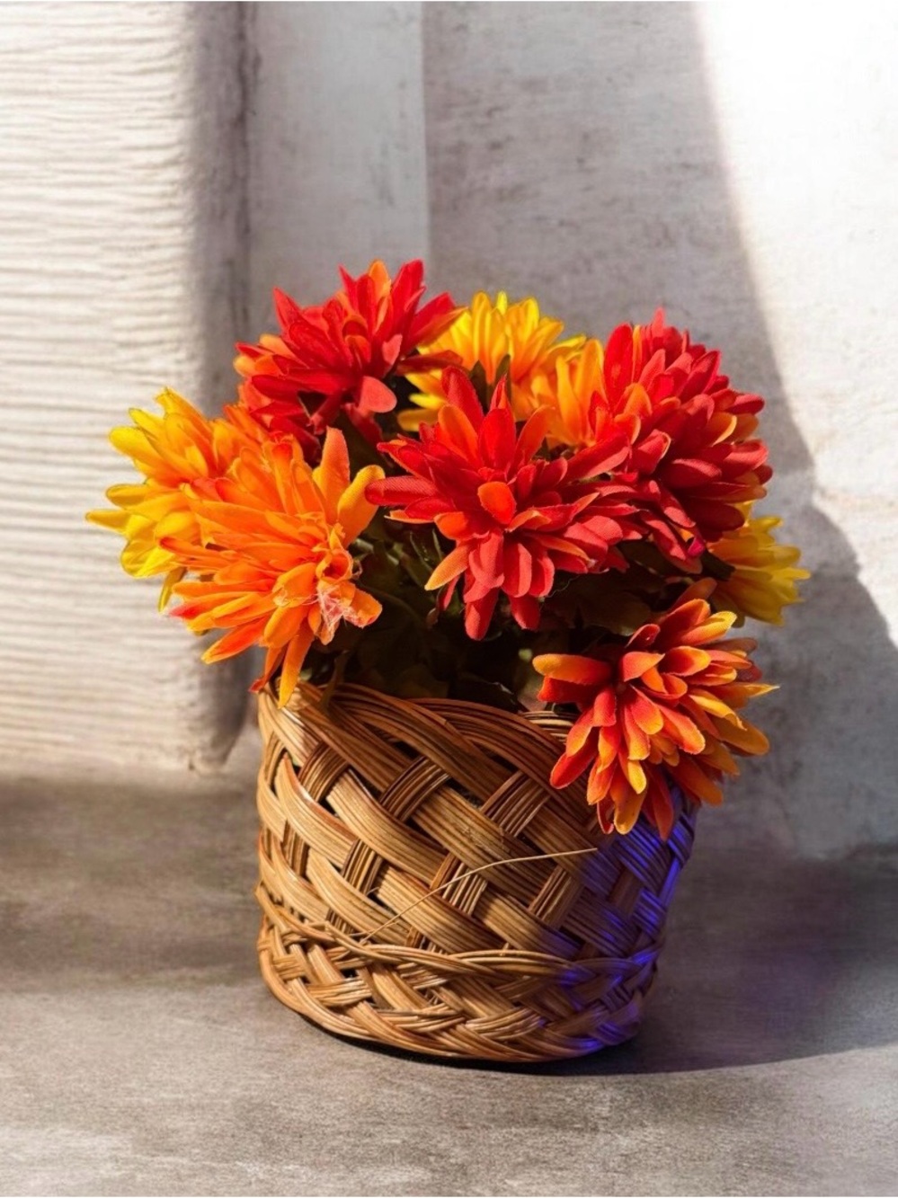 Artificial Floral Arrangement ~ Woven Basket ~ Multicolored Flowers ~ Handmade